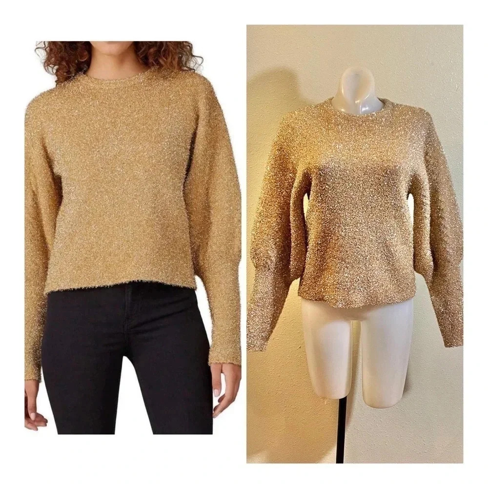 Keepsake The Label Gold Shiny Eyelash Sweater Balloon Puffy Sleeves  Sz XS (0-2)